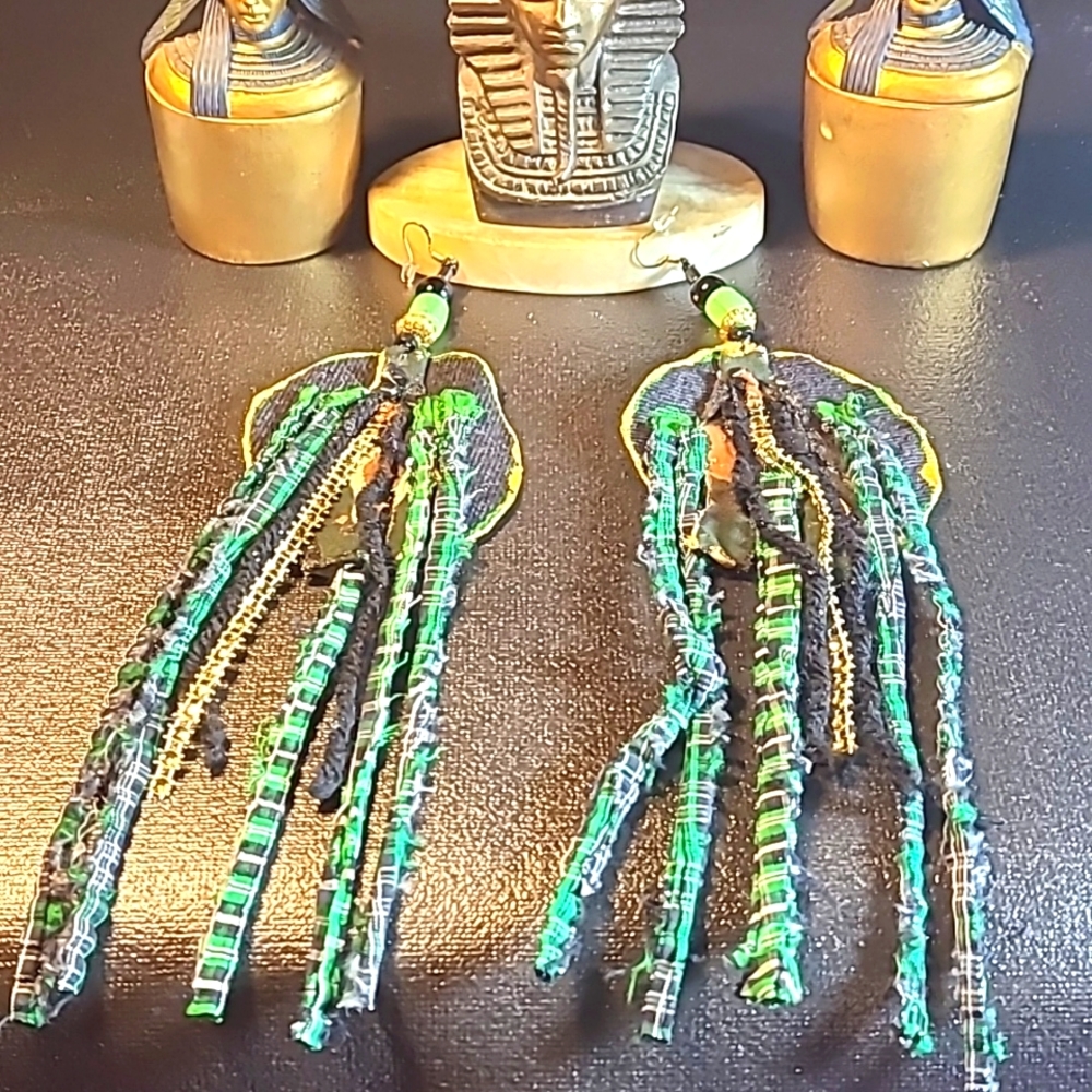 7 inches black denim Fringes earrings